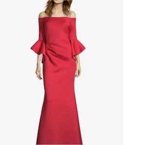 BETSY & ADAM Womens Red Bell Sleeve Off Shoulder Full-Length Formal Pencil Dress